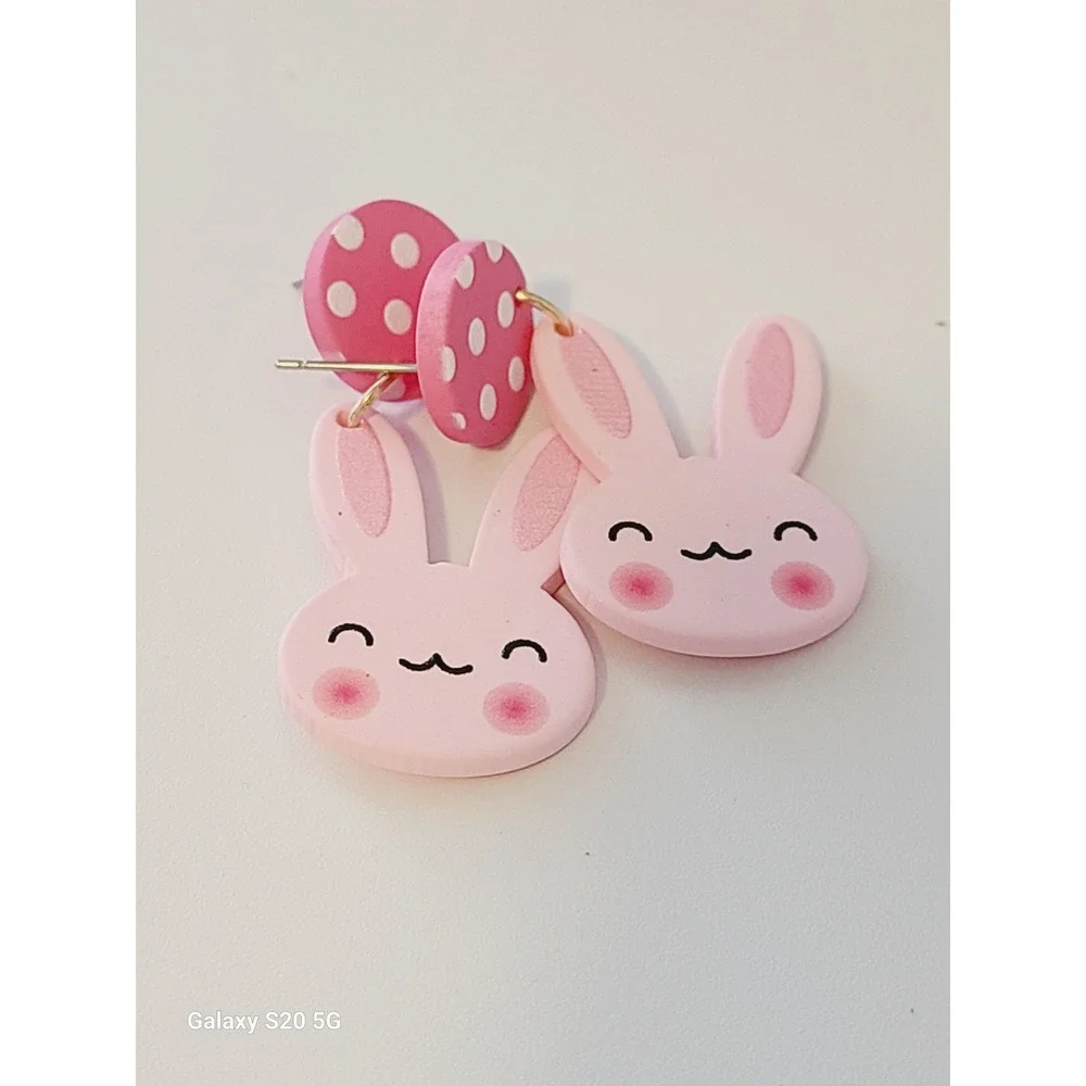 Pink Bunny Rabbit Polka Dot Drop Stud Earrings Handmade‎ Jewelry NEW Easter